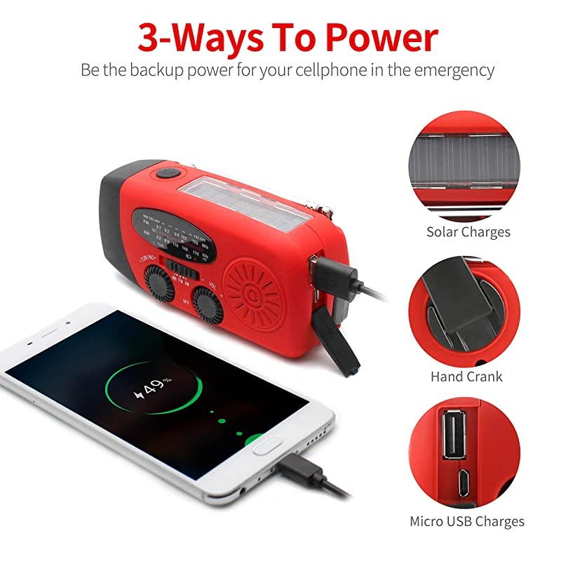 Hand Crank Radio Portable Self Powered AMFMNOAA Solar Wind Up Weather Radio with LED Flashlight USB Rechargeable 1000mAh Power Bank for Cell Phone Charger Red