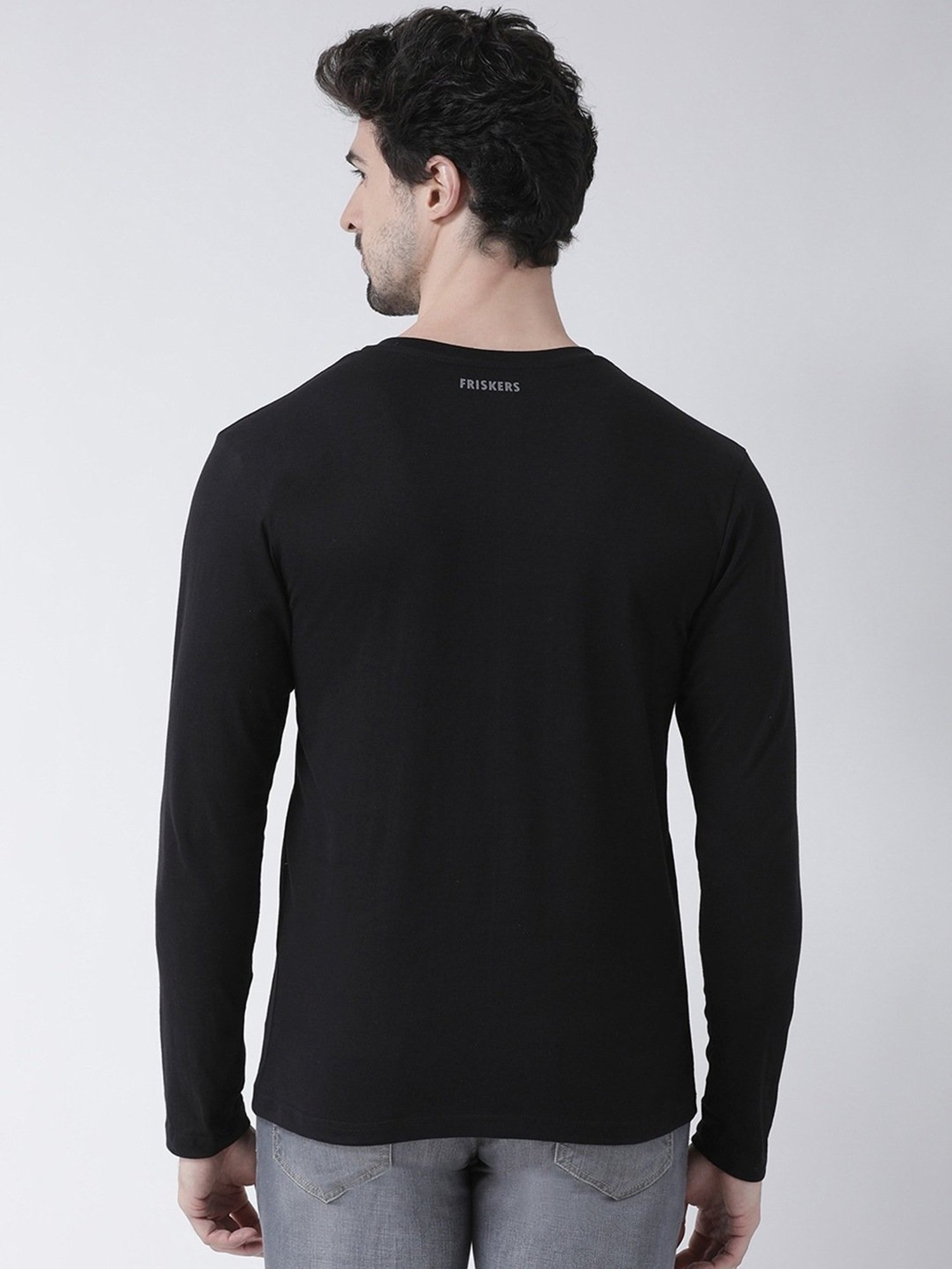 Friskers Black Cotton Slim Fit Printed T-Shirt