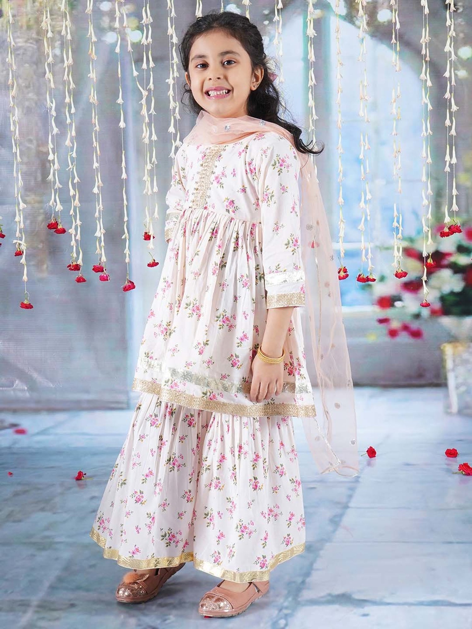 Little Bansi Pink & White Cotton Floral Print Kurta Set