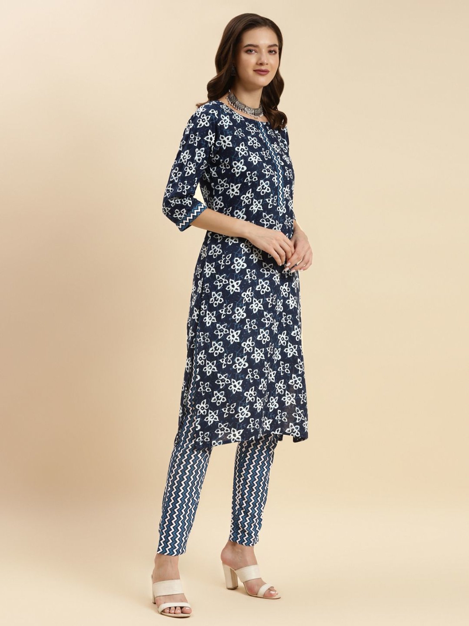 Rangita Navy Cotton Printed Kurta Pant Set