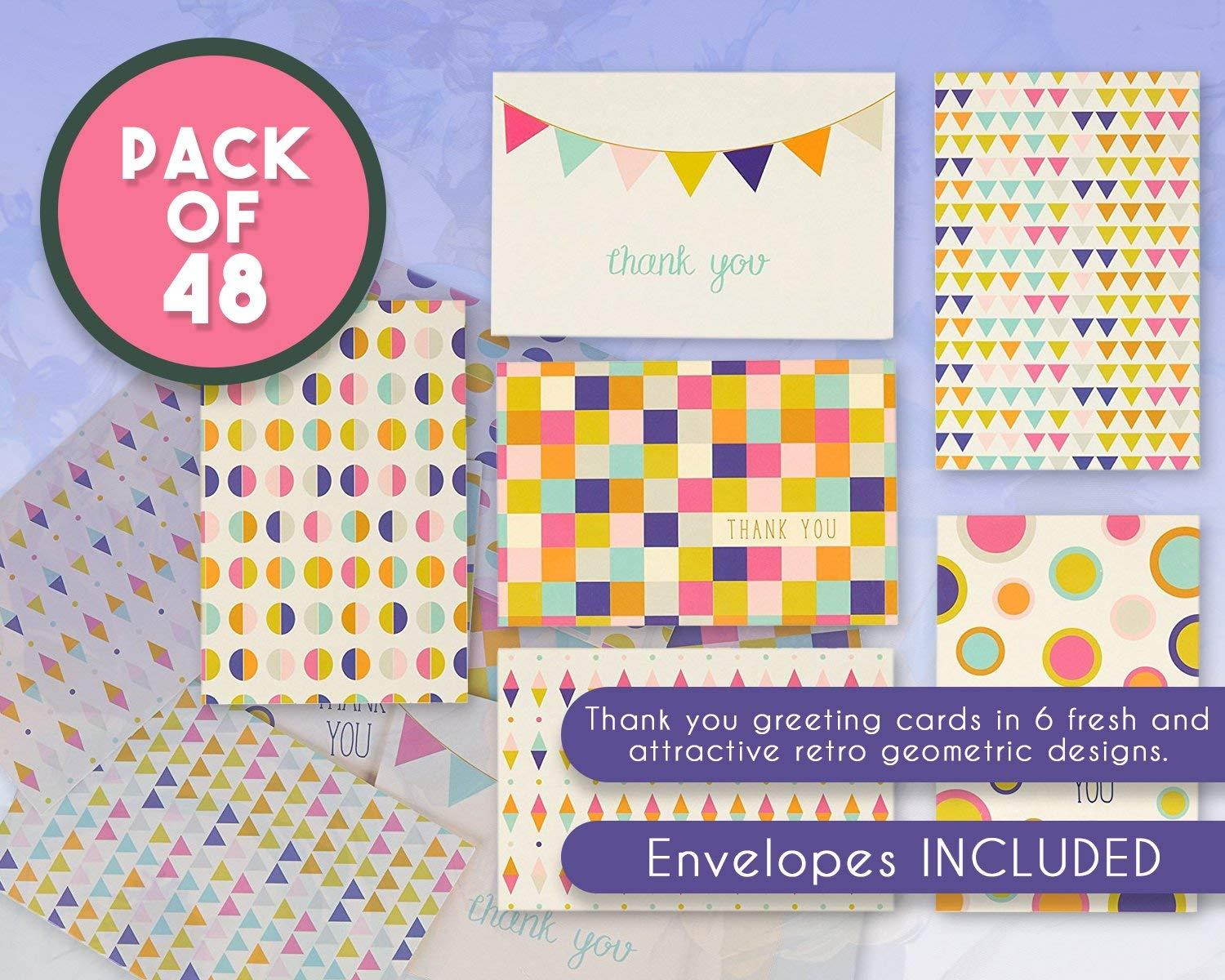 Thank You Cards - 48-Count Thank You Notes, Bulk Thank You Cards Set - Blank on the Inside, Unique Retro Geometric Design - Includes Thank You Cards and Envelopes, 4 x 6 Inches