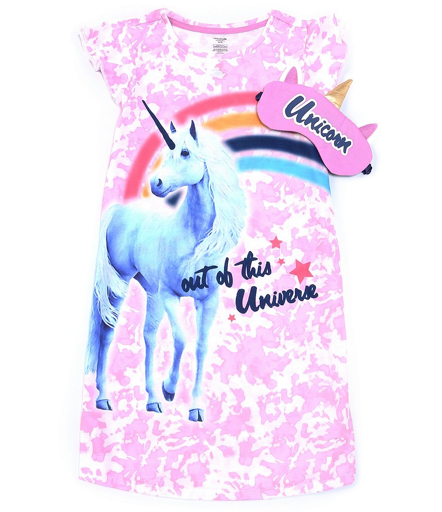 Dream Life Big Girls 7-16 Flutter Cap-Sleeve Unicorn Dream Graphic Gown With Eyemask