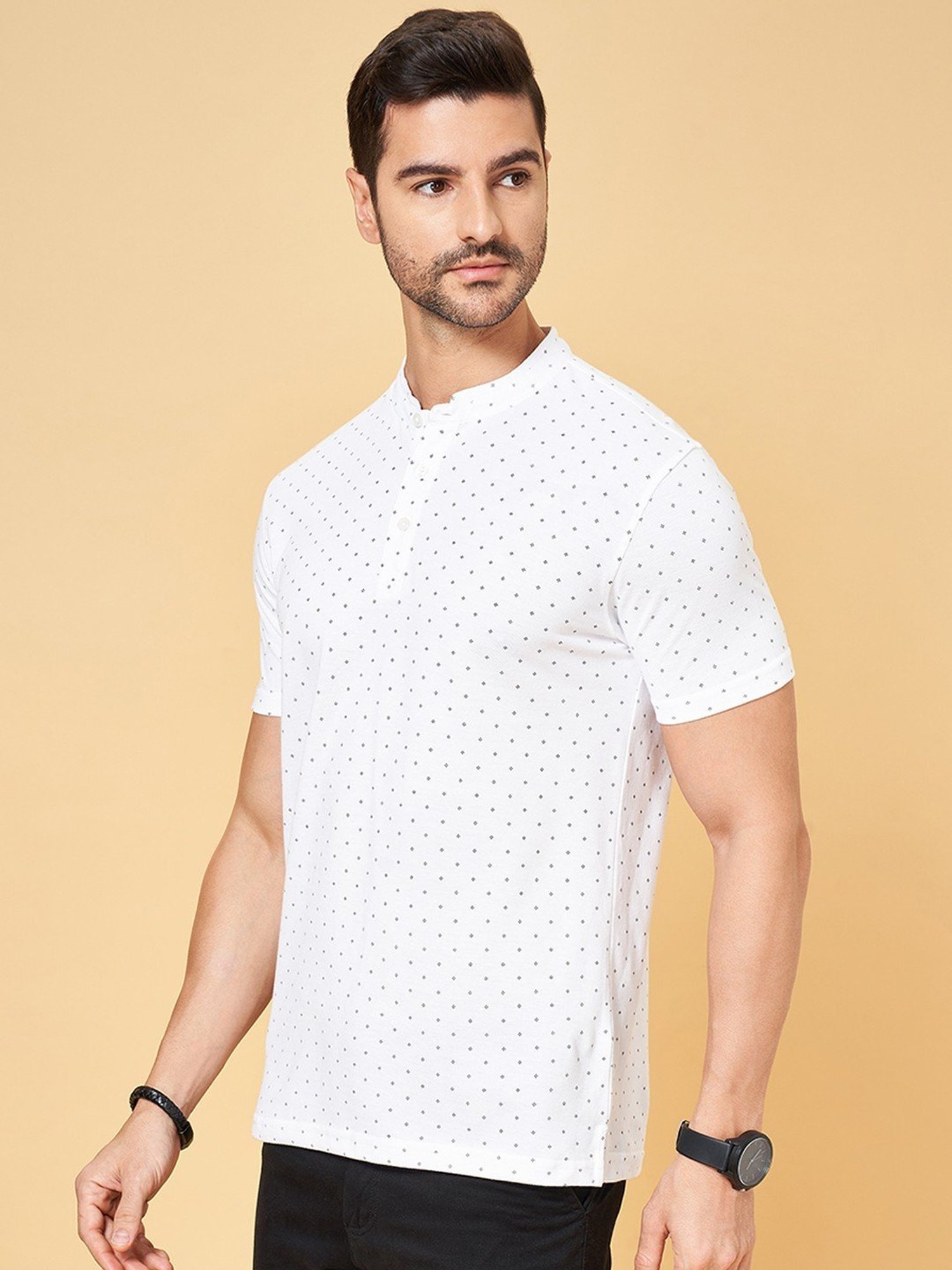 Byford by Pantaloons Cloud Dancer Slim Fit Printed Henley T-Shirt