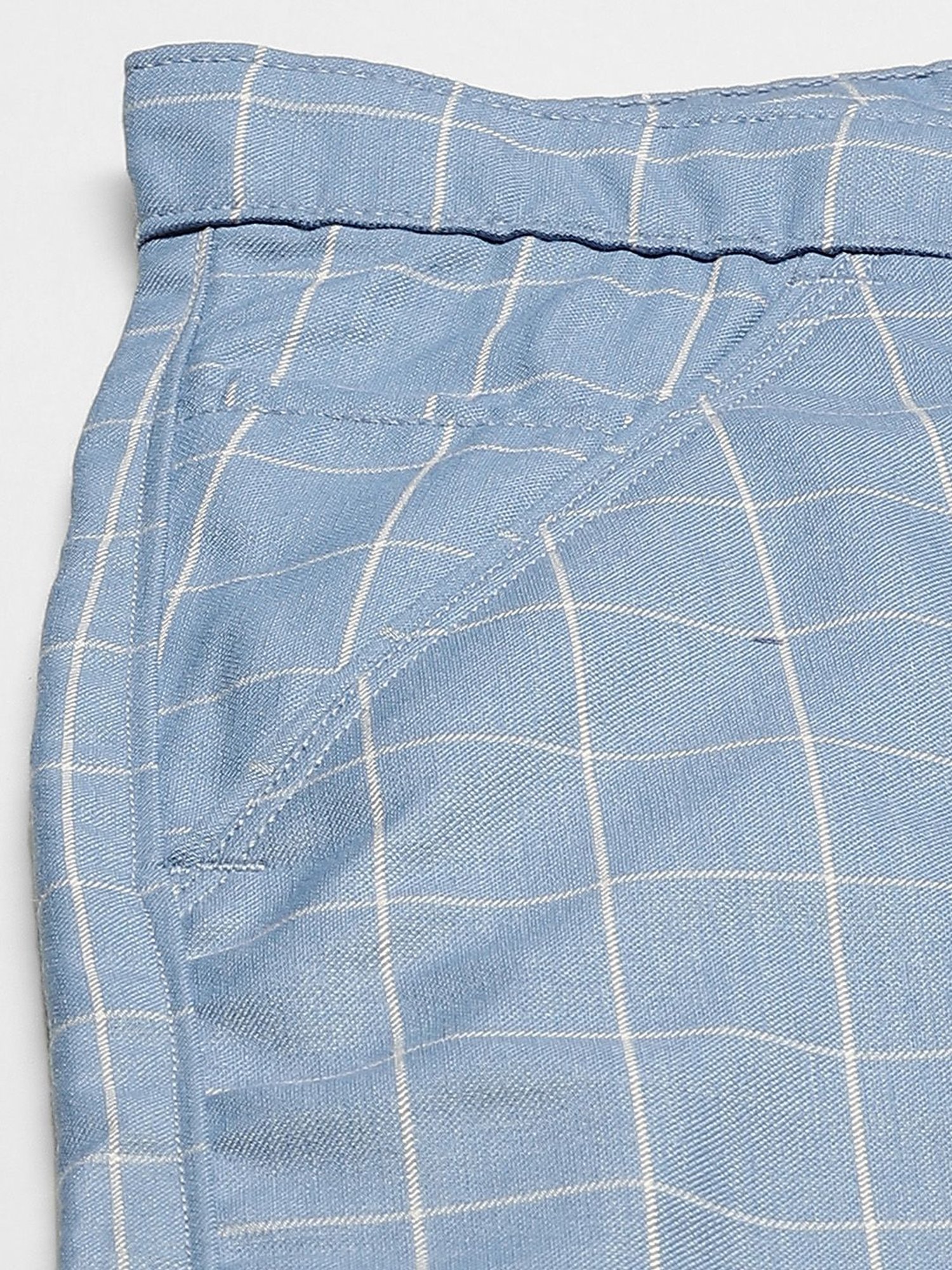 Sojanya Blue Cotton Regular Slim Fit Checks Flat Front Trousers
