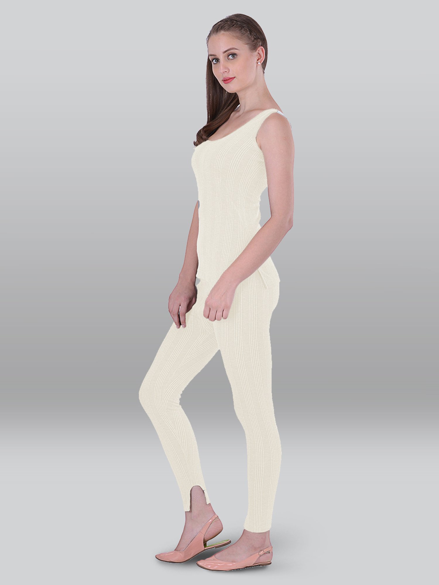 LUX Inferno Off-White Striped Thermal Tank Top Leggings Set - Pack Of 2