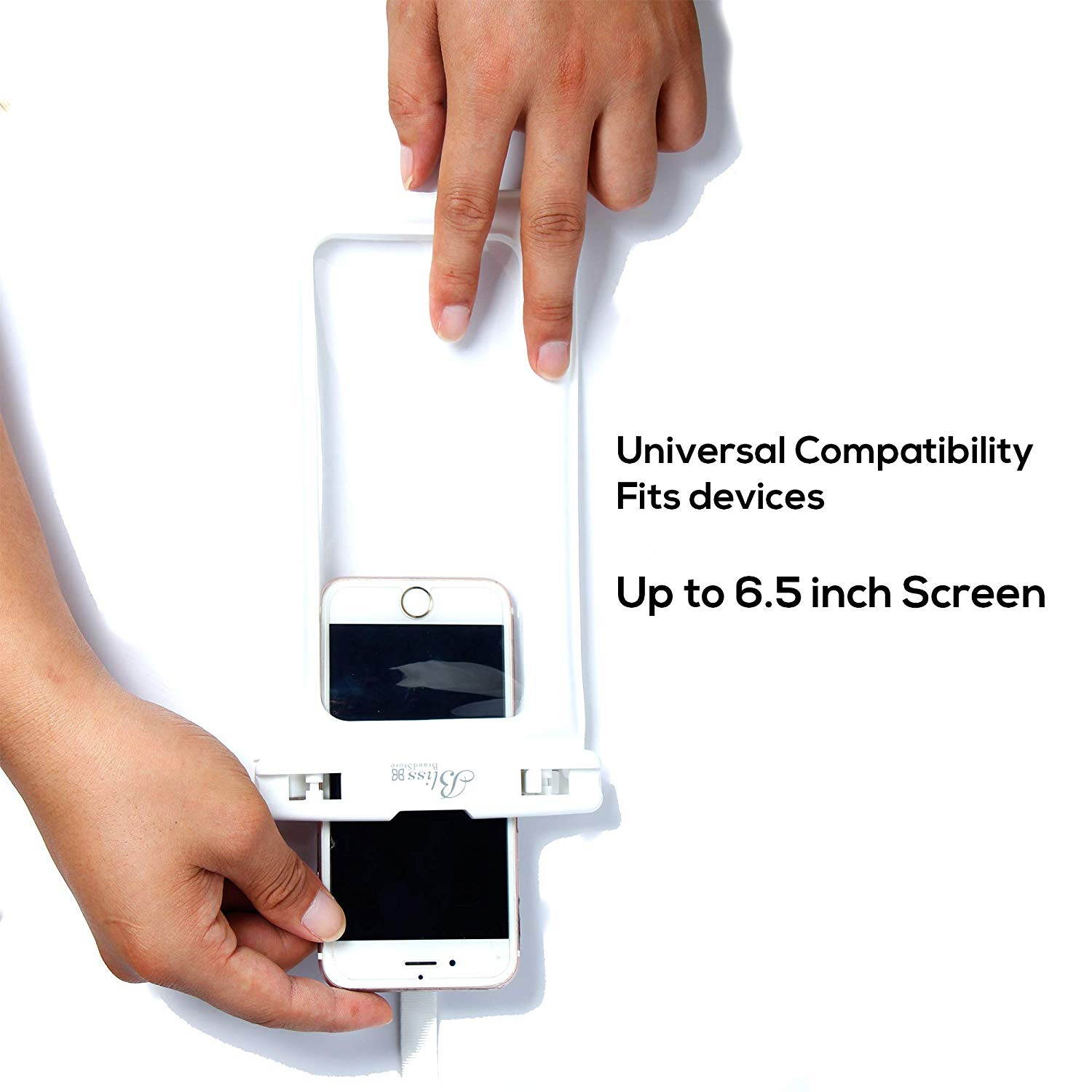 Universal Waterproof Phone Pouch for Pool Beach Swimming Kayaking Travel, Compatible with All Smartphones up to 6.5&rdquo; + Free Arm Band (White)