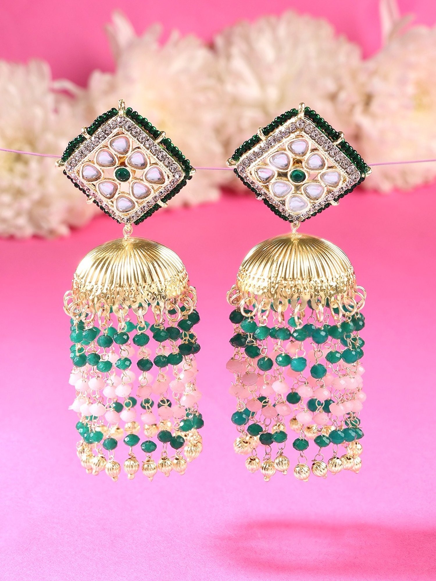 Zaveri Pearls Green Pink Beads Embellished Chain Fringe Kundan Jhumki Earring-ZPFK15849