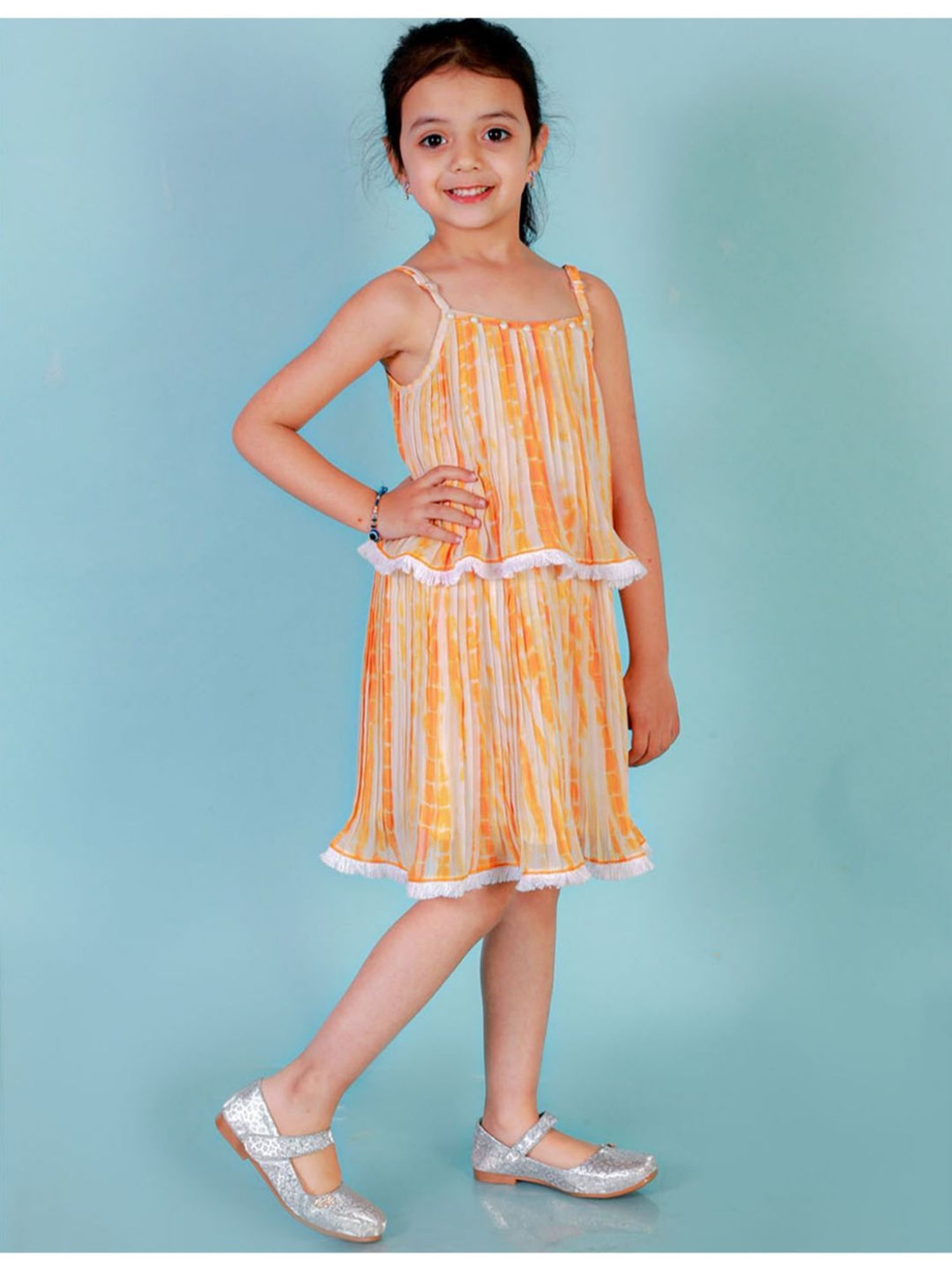 Lil Drama Kids Orange & White Printed Dress