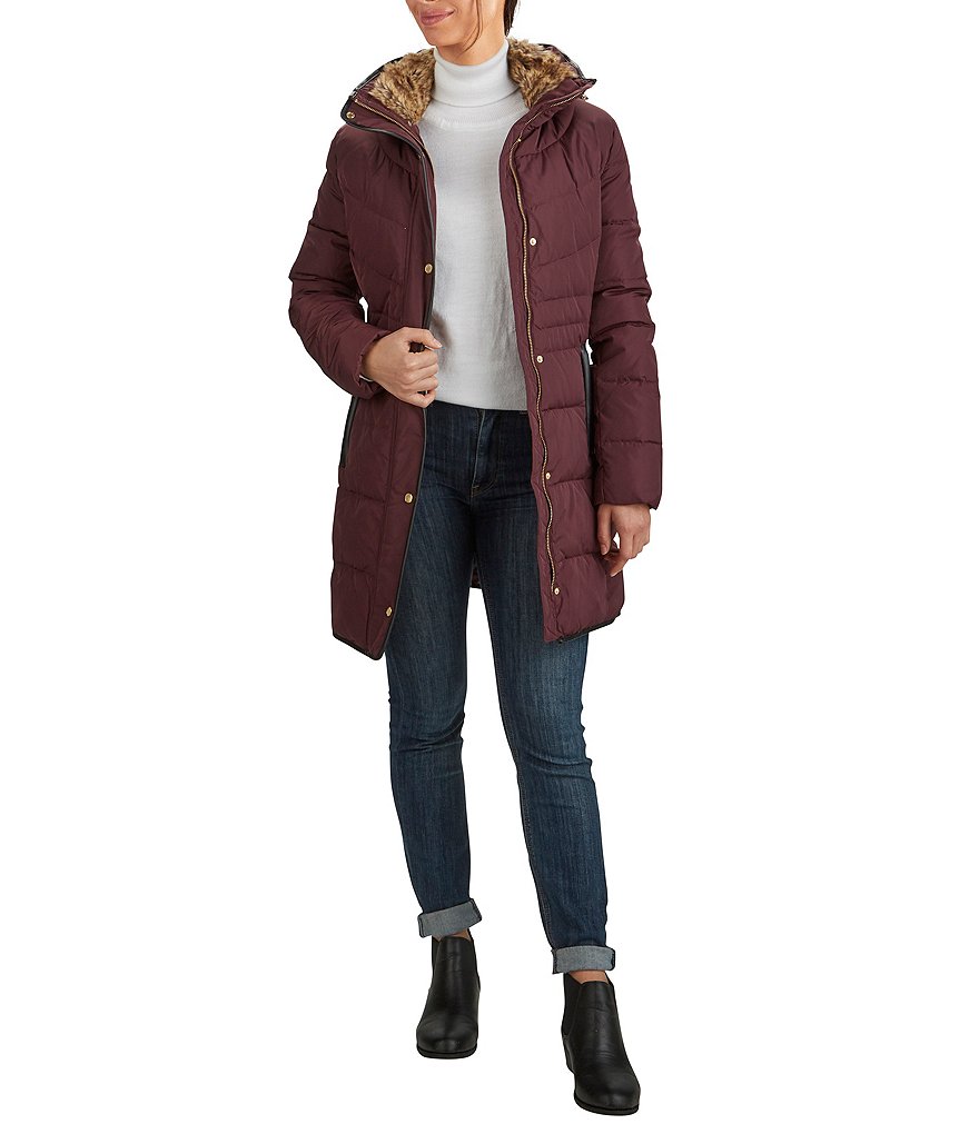 Kenneth Cole New York Short Water-Resistant Stand Collar Hooded Long Sleeve Chevron Puffer Jacket