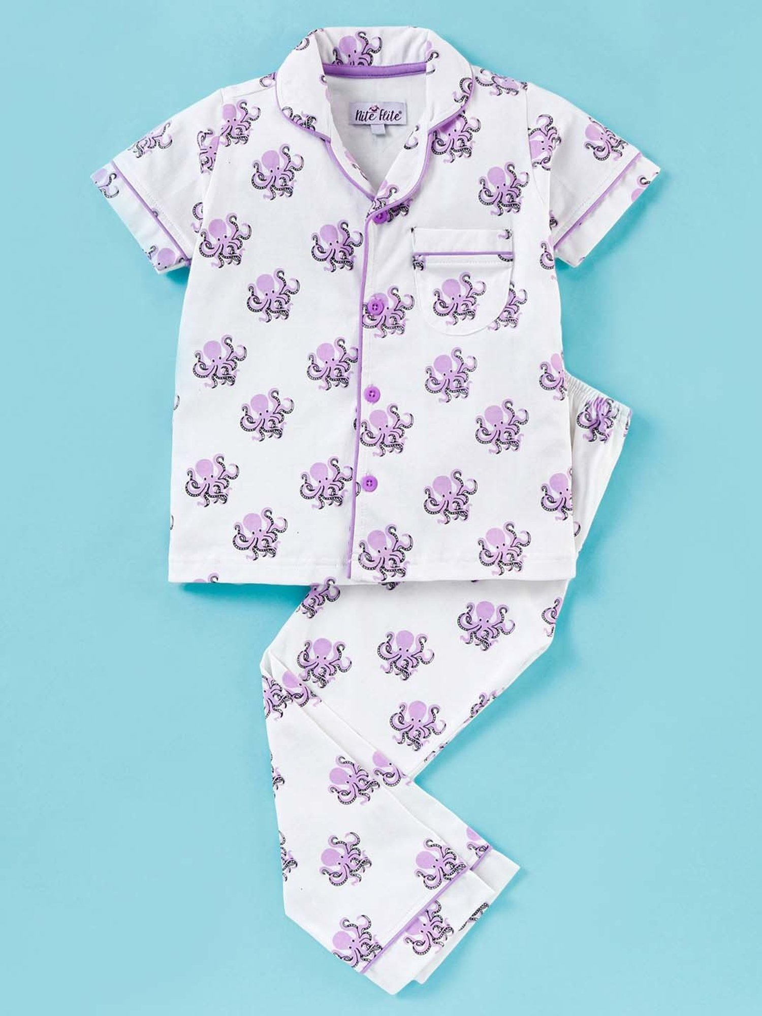Nite Flite Boys White & Purple Cotton Printed Shirt Set