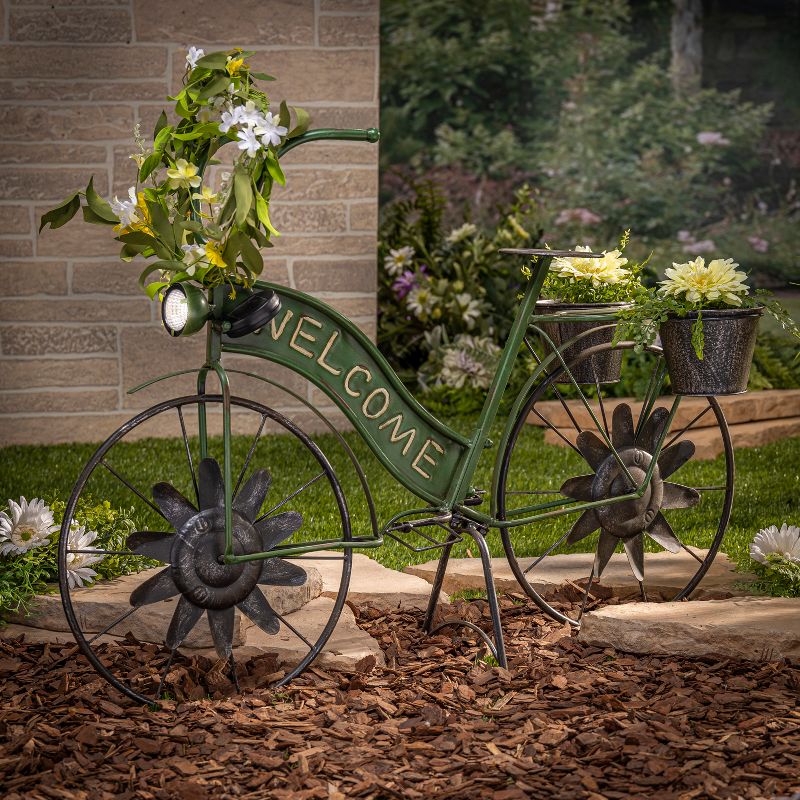 Gerson International 37-Inch Long Solar-Powered Metal Antique-Style Bicycle Plant Stand with Wind Spinner Spokes