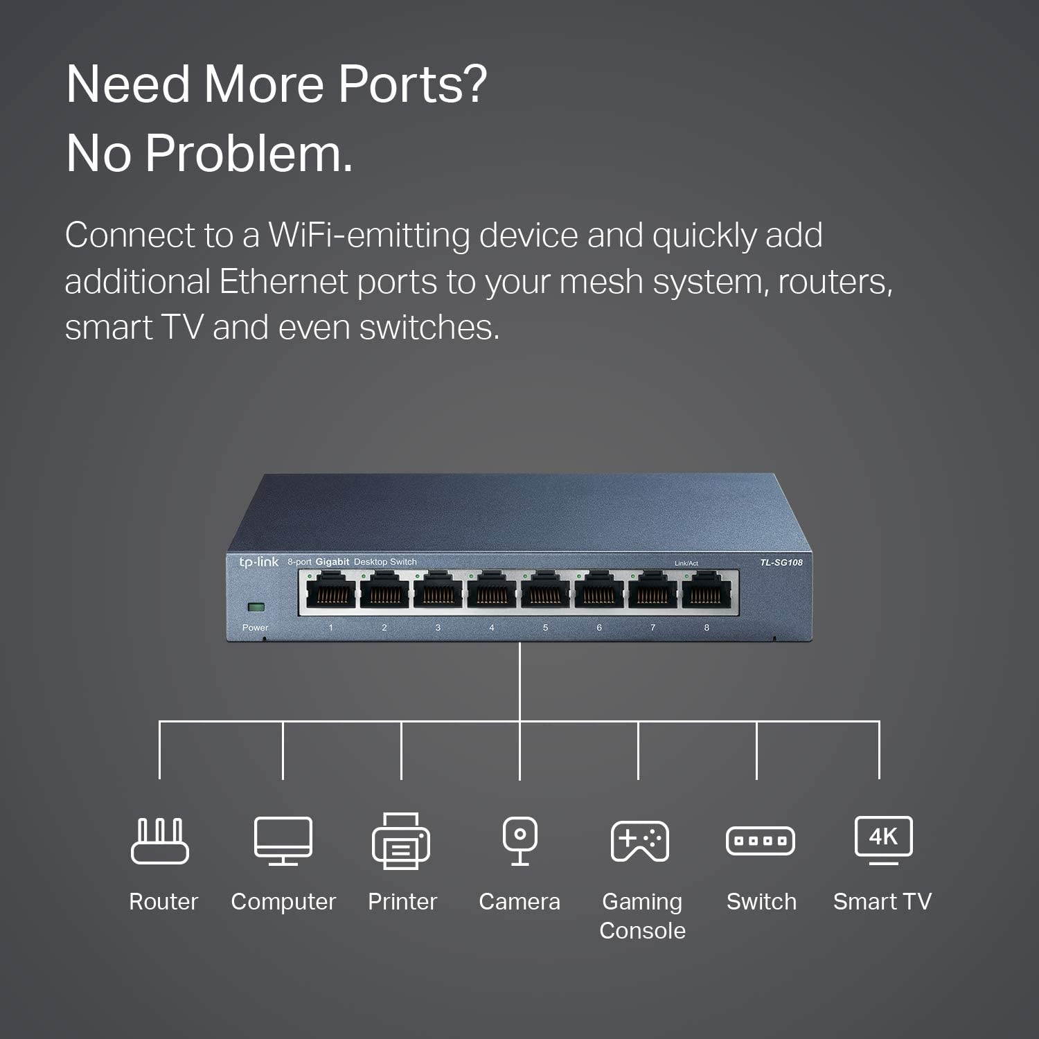 8 Port Gigabit Ethernet Network Switch | Ethernet Splitter | Plug and Play | Fanless | Sturdy Metal w/ Shielded Ports (TL-SG108)