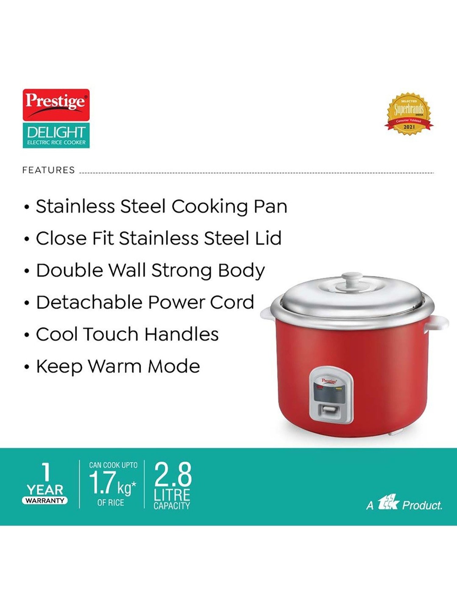 Pigeon Rice Cooker 700W, 1.8L with Single pot & Measuring Cup (Red)