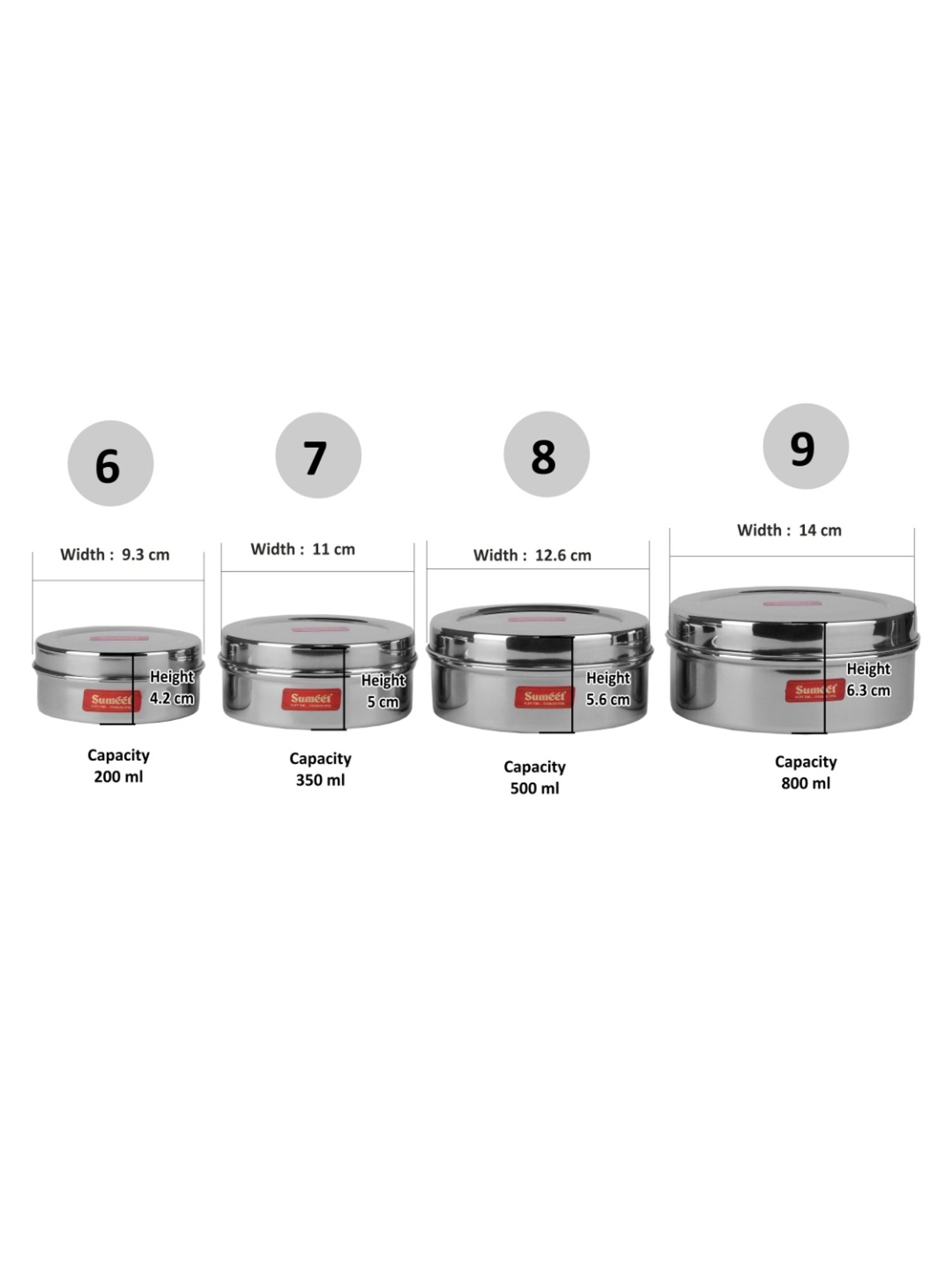 Sumeet S.S.Flat Canisters/Storage Containers Set of 4Pc(No.6 To No.9)(200ml,350ml,500ml,800ml)