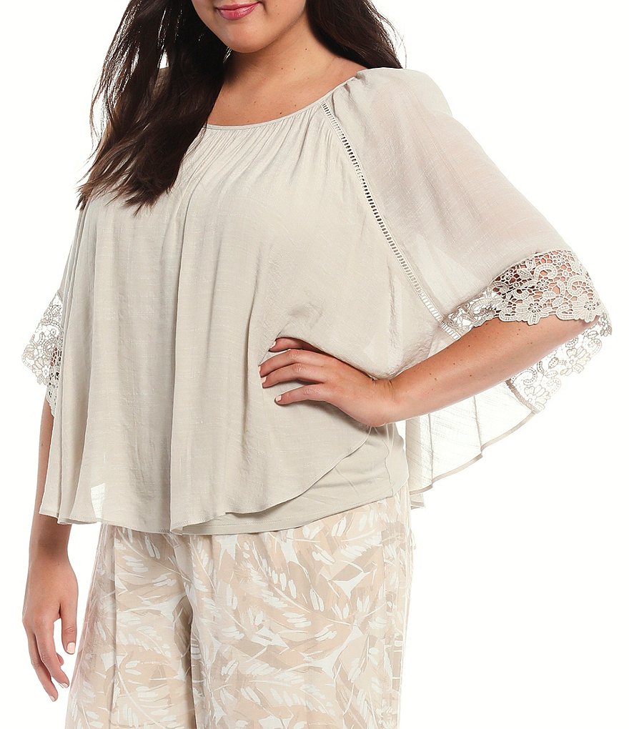 I.N. Studio Plus Size Gauzy Texture Scoop Neck Lace Trim Detail Elbow Short Sleeve Overlay Top