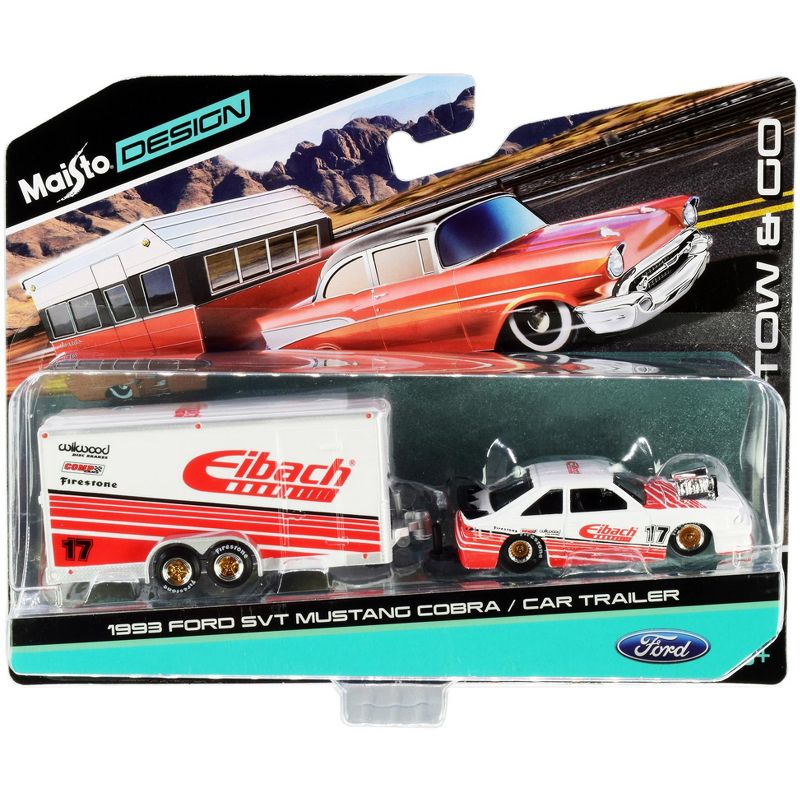 1993 Ford SVT Mustang Cobra #17 & Enclosed Car Trailer "Eibach" White w/Red Stripes "Tow & Go" 1/64 Diecast Model Cars by Maisto