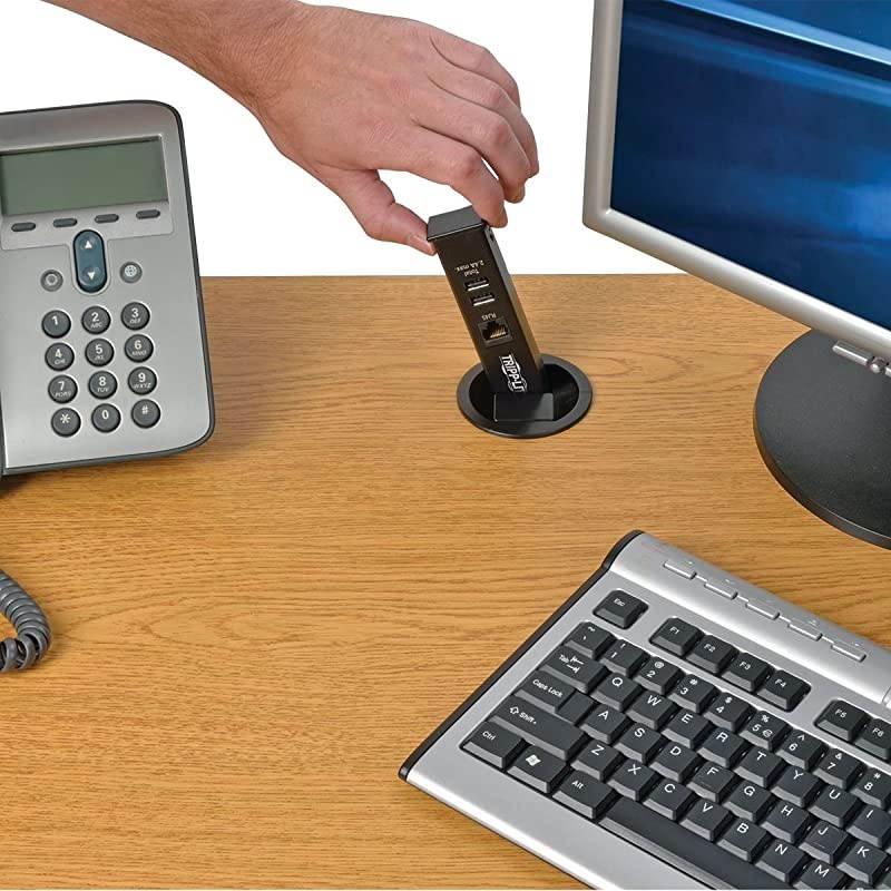 3 Outlet Desktop Surge Protector Power Strip for Grommet Installation 2 USB Charging Ports RJ45 Black 10ft Cord TLP310DMUSB