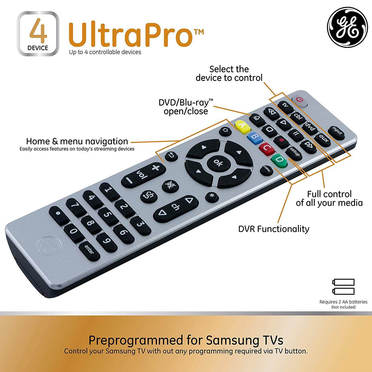 GE 4 Device Universal Remote, Smart TVs, LG, Vizio, Sony, Blu Ray, DVD, DVR, Roku, Apple TV, Streaming Players, Simple Setup, Auto Scan, Pre-Programmed for Samsung TVs, Silver, 33709