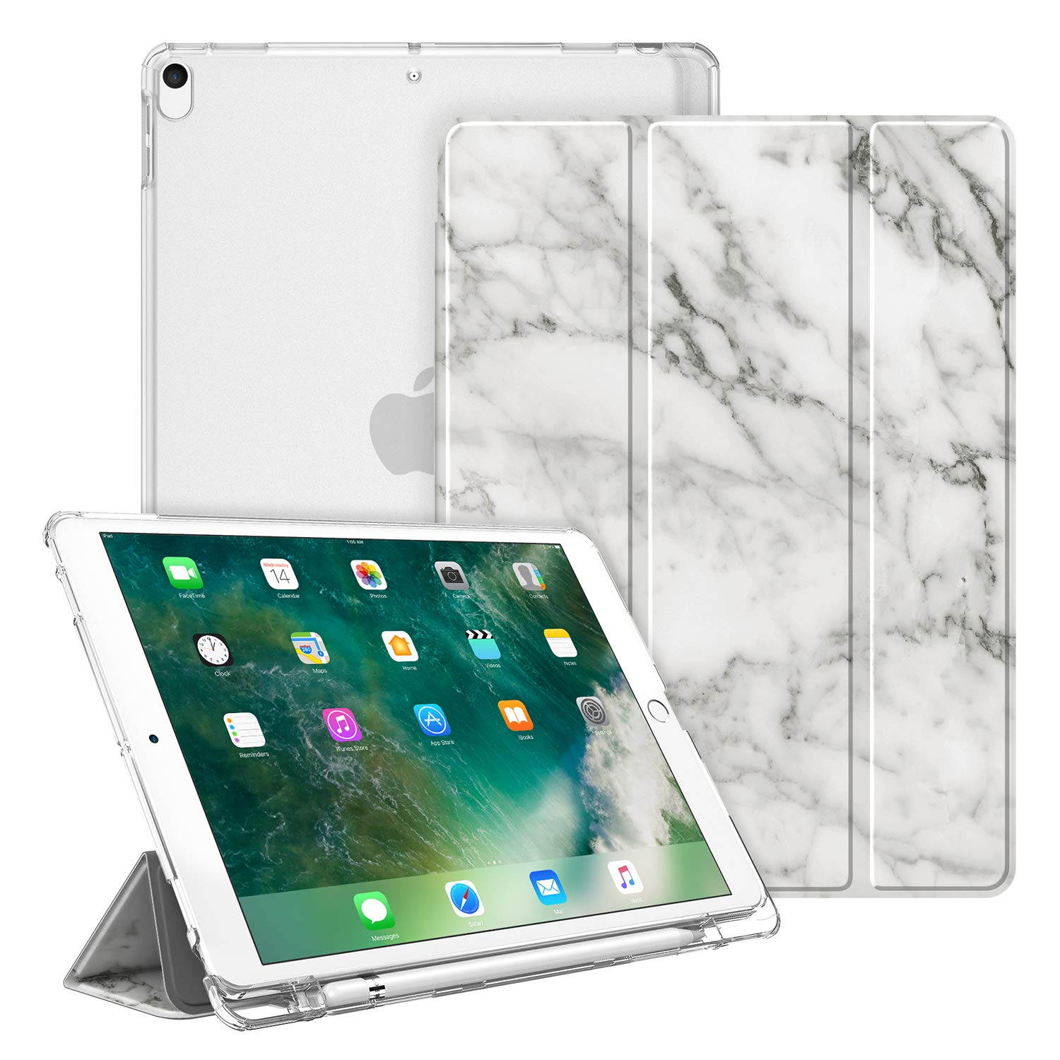 Fintie Case for iPad Air 10.5" (3rd Gen) 2019 / iPad Pro 10.5" 2017- Lightweight Slim Shell Standing Cover with Translucent Frosted Back Cover with Pencil Holder, Auto Wake/Sleep, Marble White