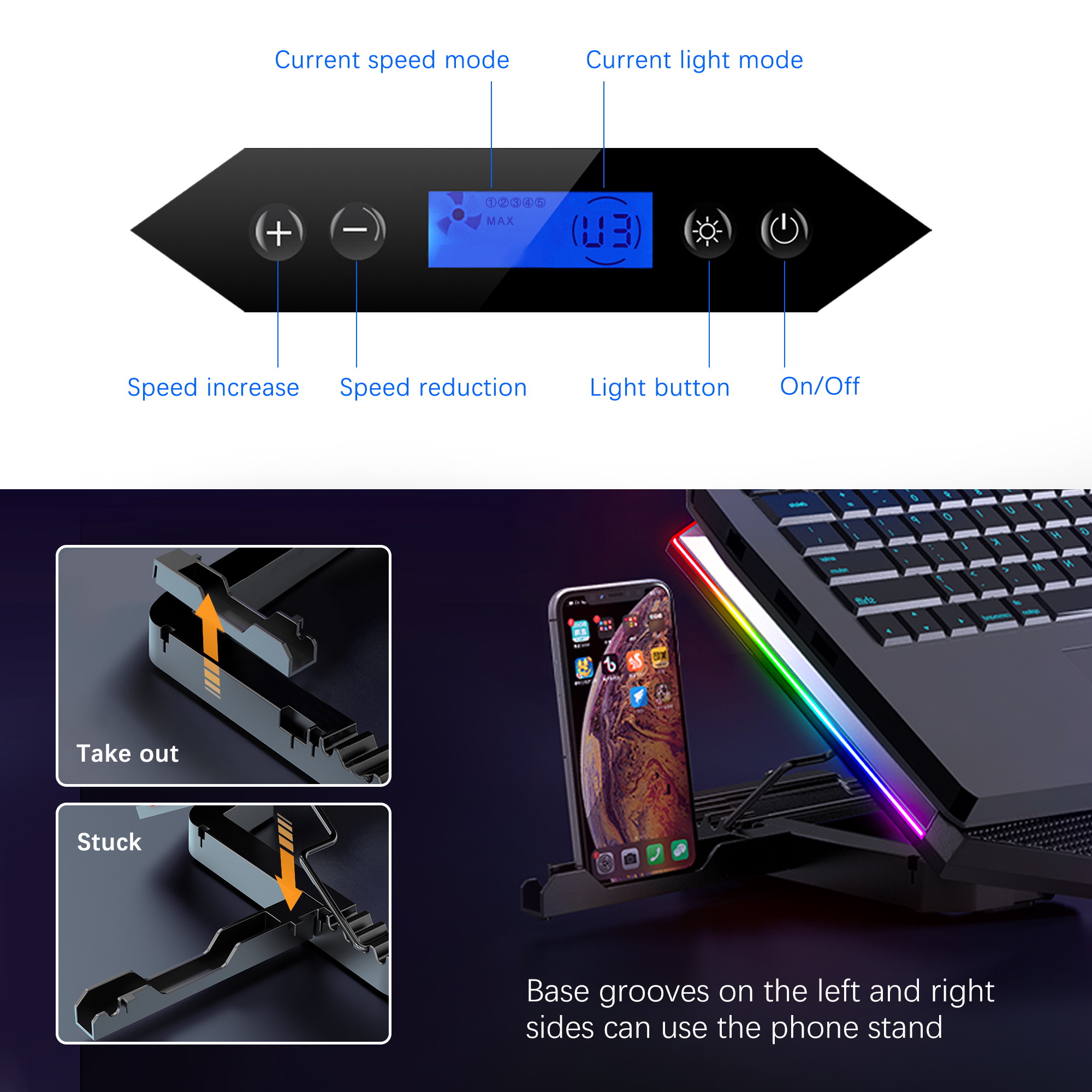 TopMate C11 Laptop Cooling Pad RGB Gaming Notebook Cooler, Laptop Fan Cooling Stand Adjustable Height with 6 Quiet Fans Blue LED Light, MacBook Chill Mat with Phone Stand, for 15.6-17.3 Inch Laptops