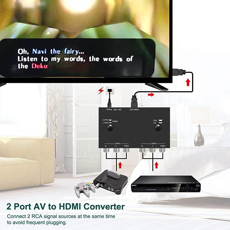 to HDMI Converter Double RCA to HDMI Converter 2 RCA Input 1HDMI Output Support 16943 Compatible with WII N64 PS1 PS2 PS3 VHS VCR DVD Players etc RCA to HDMI Converter