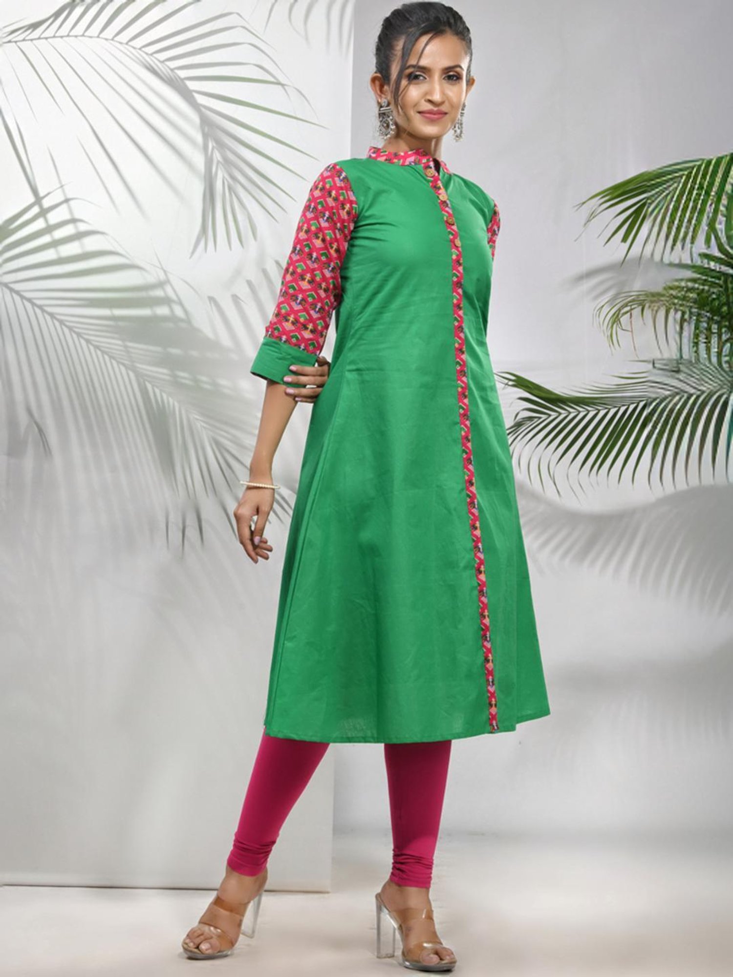 CHARUKRITI Green Cotton Printed A Line Kurta