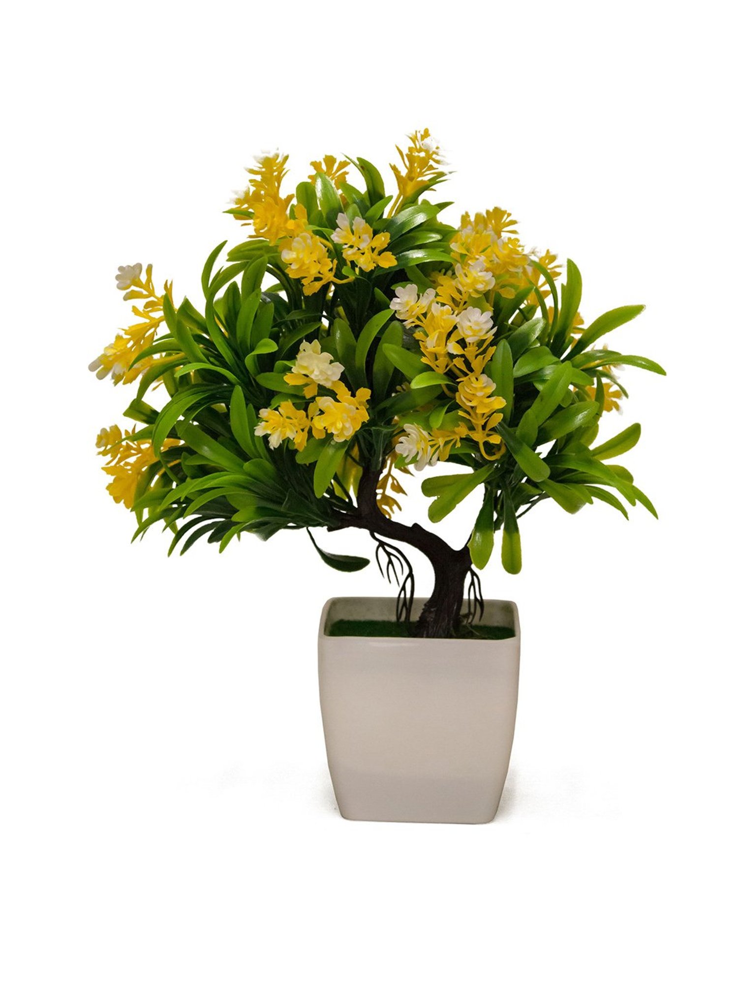 Amflix Yellow Artificial Bonsai Flower Plant With Pot