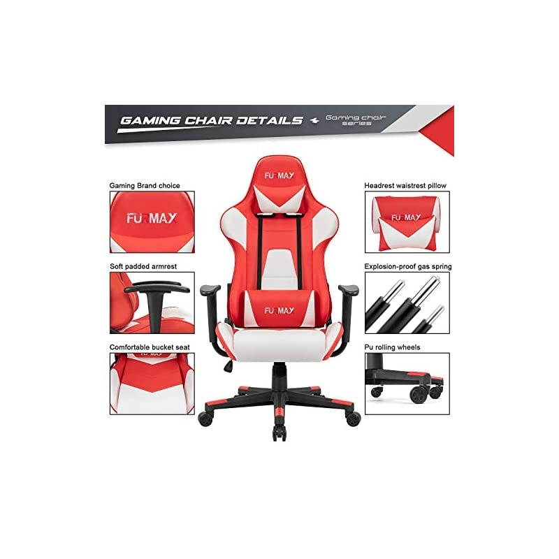 High-Back Gaming Office Chair Ergonomic Racing Style Adjustable Height Executive Computer Chair,PU Leather Swivel Desk Chair (White/Red)