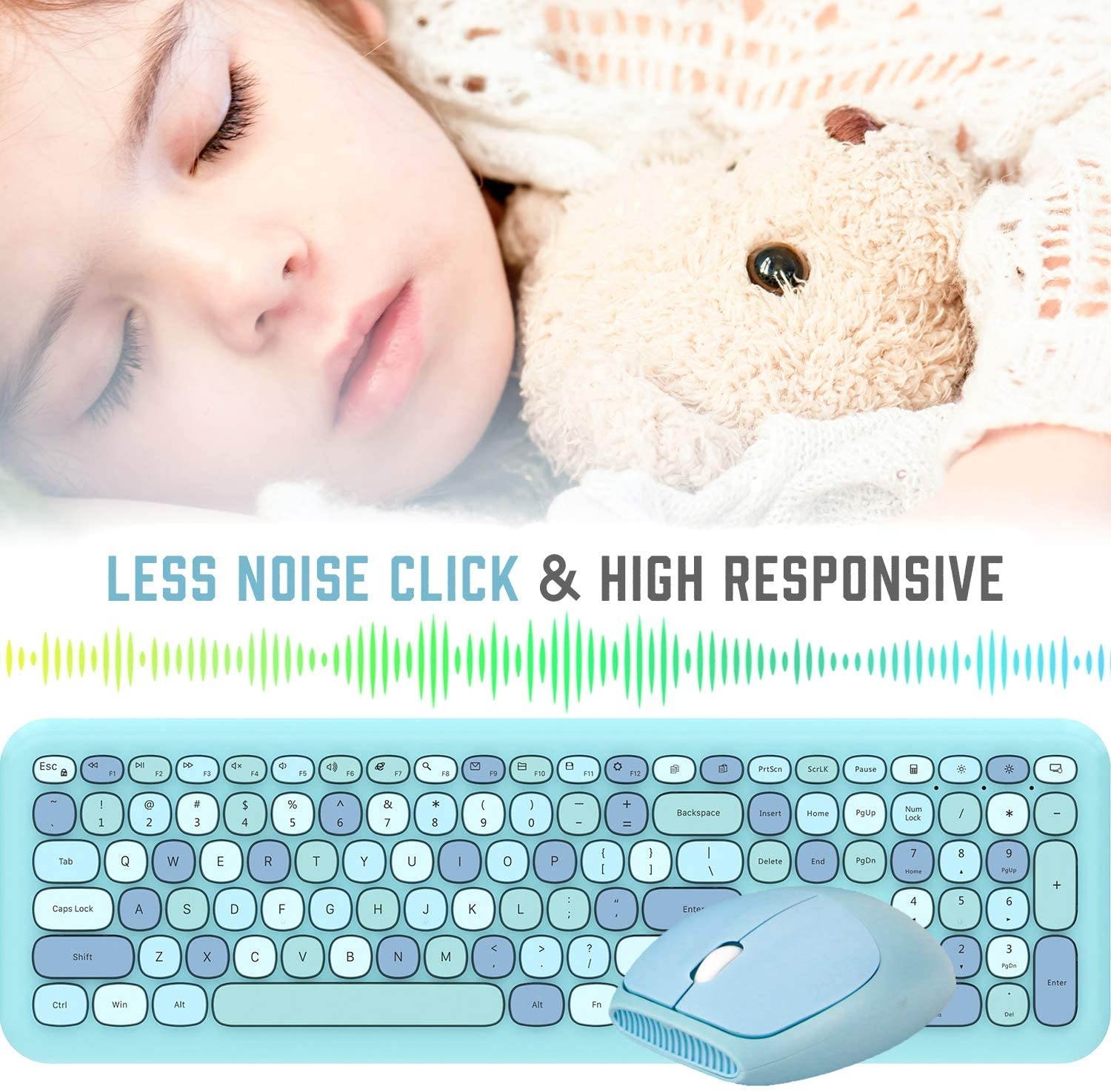 Wireless Keyboard and Mouse Combo, Ultra-Thin 2.4G USB Full Size Keyboard and Mouse Set, Cute 110 Keys Keyboard for PC, Notebook, MacBook, Tablet, Laptop, Windows System (Blue Colorful)