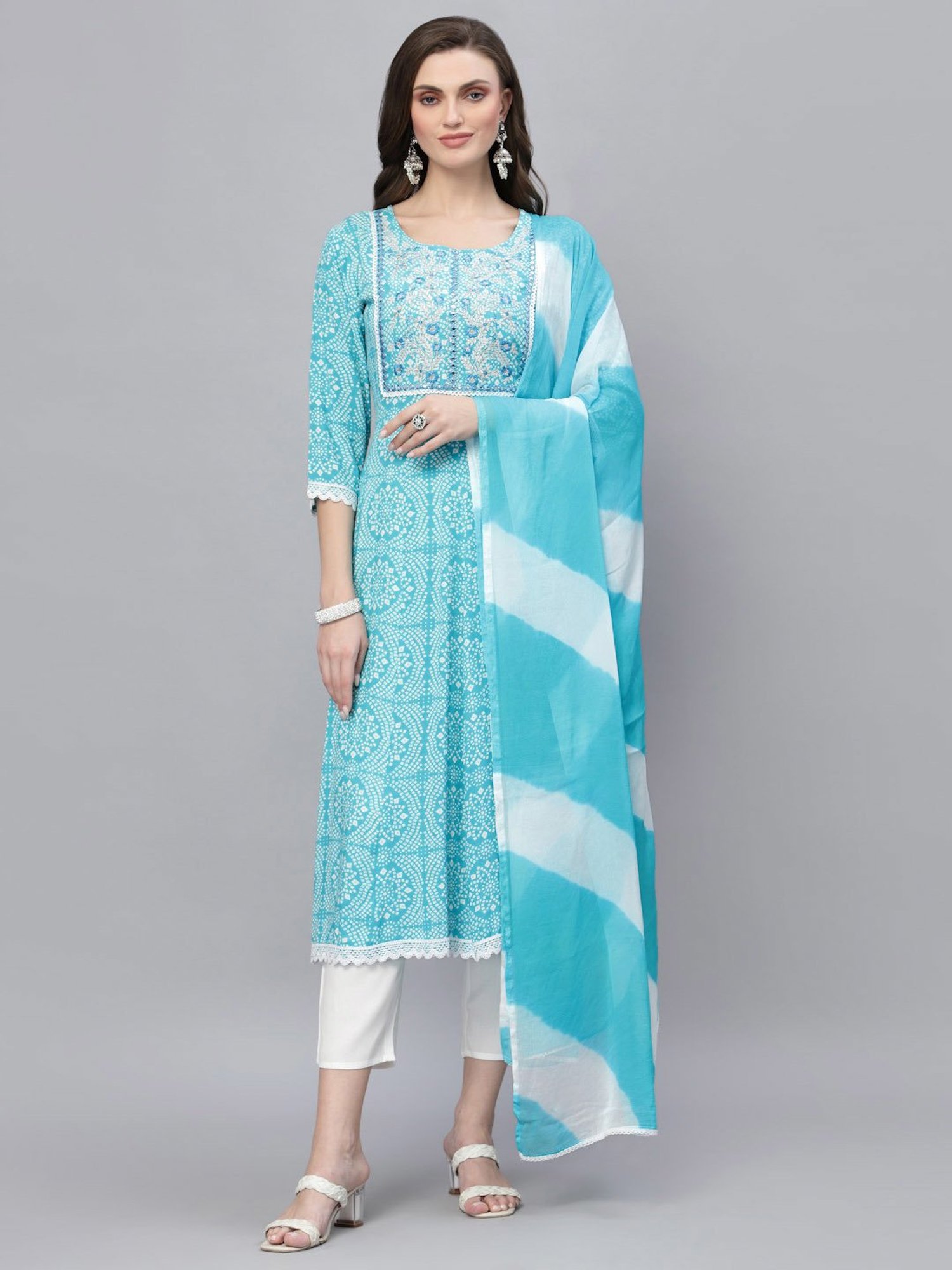 Stylum Turquoise & White Embroidered Kurta Pant Set With Dupatta