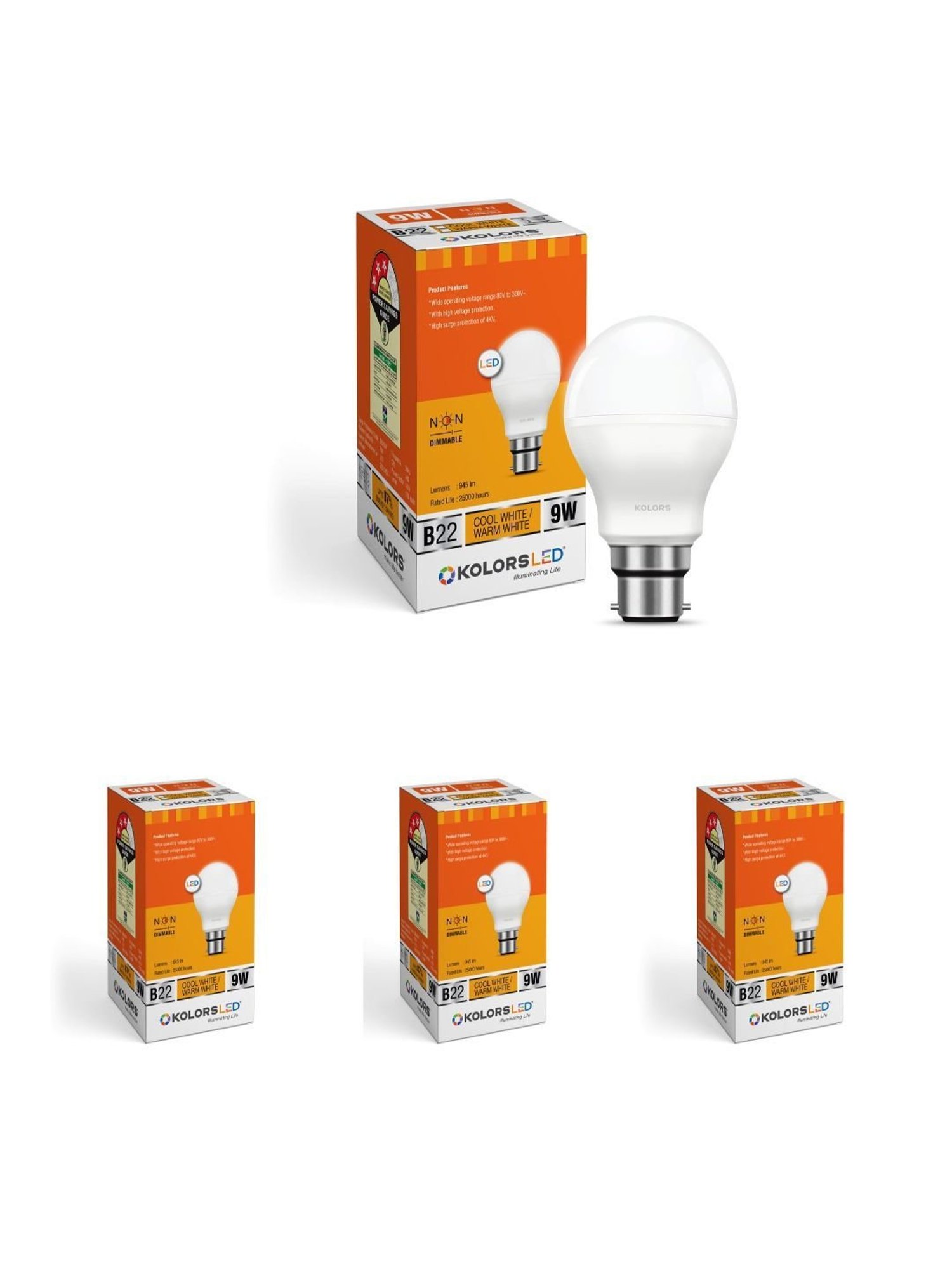 KOLORS Keeto LED Bulb B22 6500K 9W Pack of 4 - Cool White