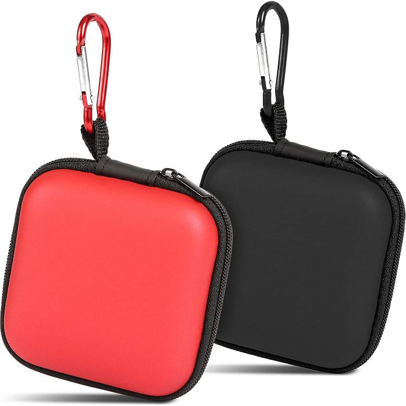 Pack of 2 Portable Earbud Travel Case, EVA Hard Protective Carrying Pouch for Earphone Headset, Interior Mesh Pocket, with Carabiner, Red/ Black