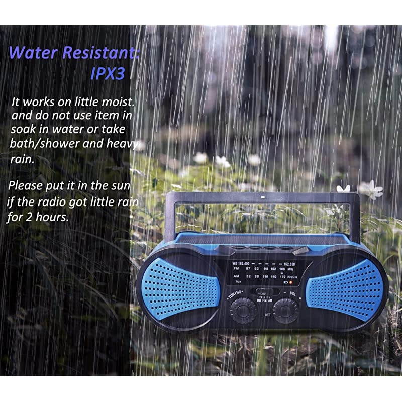 Hurricane Radio Weather RadioWaterproof Hand Crank SolarBattery Powered 4000mAh AMFMNOAASOS AlertPortable Emergency Cellphone ChargerMusic SpeakerFlashlight Reading LampBlue