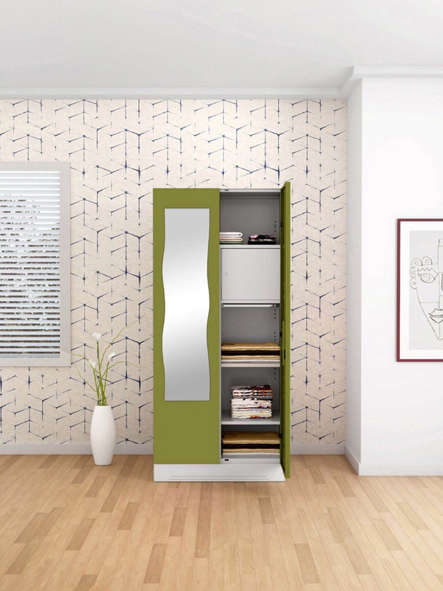 Godrej Interio Slimline 2-Door Steel Almirah, Tex Green Leaf (1-Year Warranty, 1 Locker, 1 Drawer)