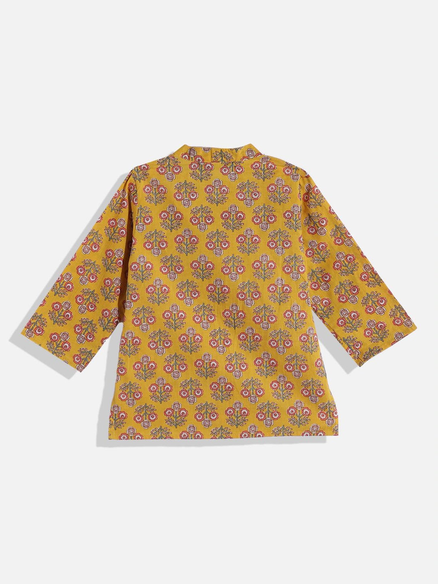 READIPRINT FASHIONS Kids Mustard & White Floral Print Full Sleeves Kurta, Nehru Jacket with Pyjamas