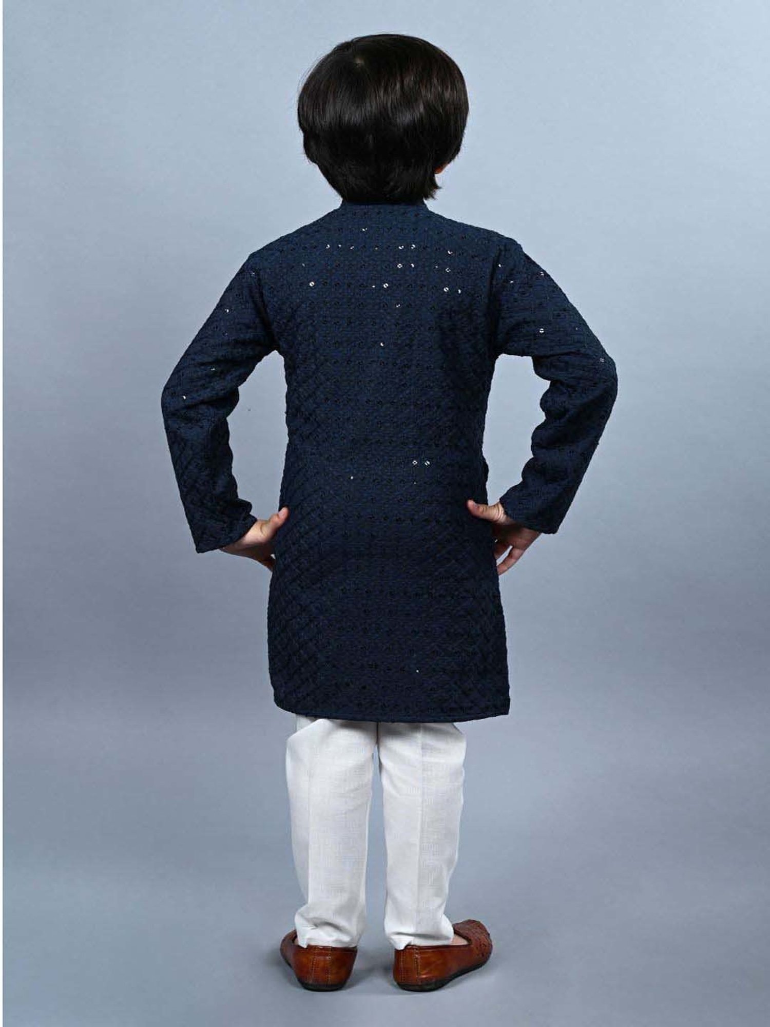 Ahhaaaa Kids Grey & White Cotton Embellished Full Sleeves Kurta Set