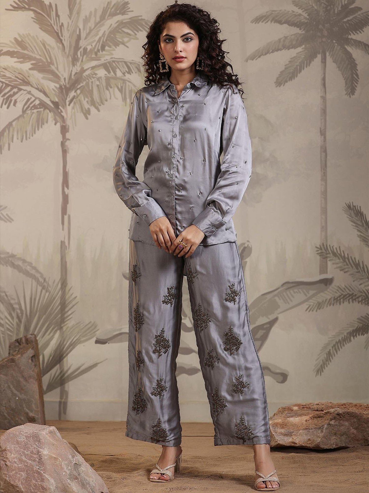 SCAKHI Grey Embellished Shirt & Pant Set