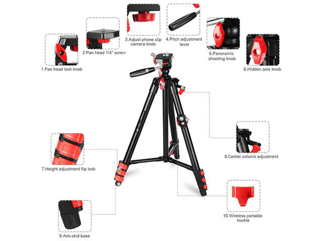 Portable Phone Tripod 44" Adjustable Travel Video Tripod Stand with Phone Mount Holder Compatible with Cell Phone Tripod, Action Camera Tripod, DSLR Tripod with Wireless Remote Shutter, PH13