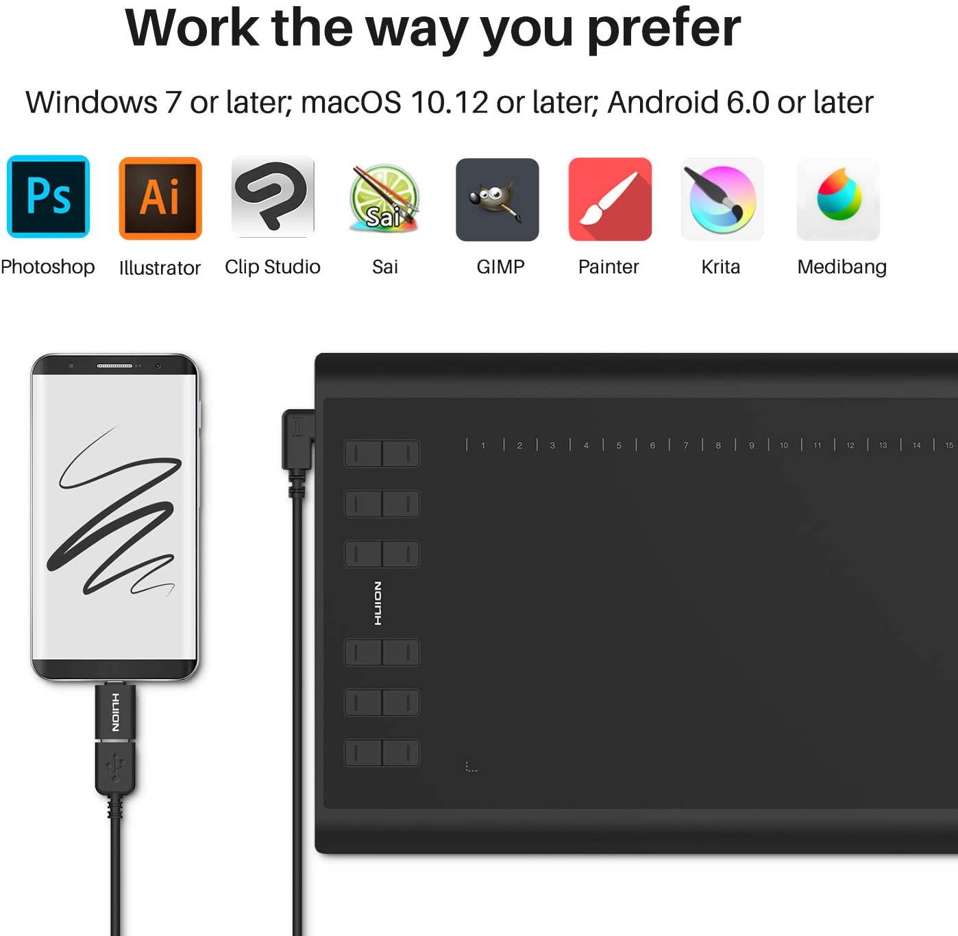 Huion Inspiroy H1060P Graphics Drawing Tablet with Tilt Response Battery-Free Stylus and 8192 Pen Pressure Sensitivity
