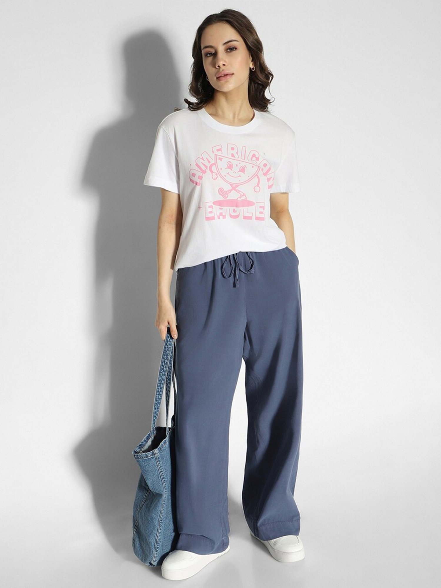 American Eagle Outfitters White Cotton Graphic Print Oversized T-Shirt