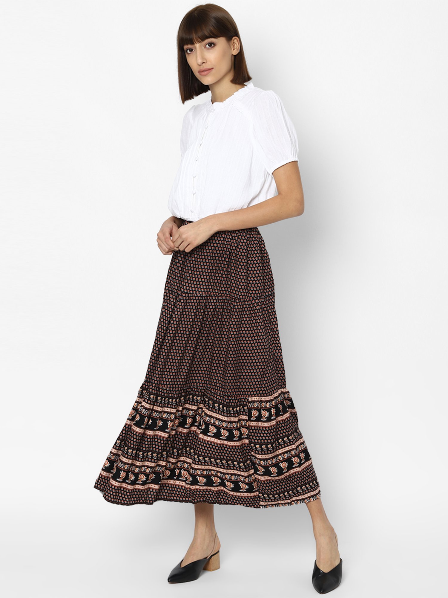 American Eagle Outfitters Black Printed Below Knee Skirt