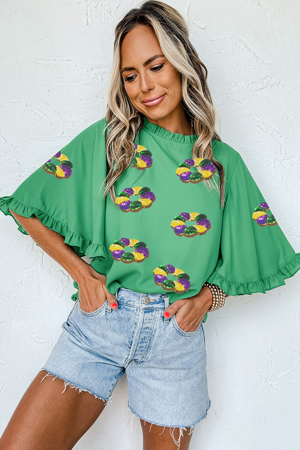 Green Christmas Candy Cane Patched Graphic Half Button Waffle Long Sleeve Top