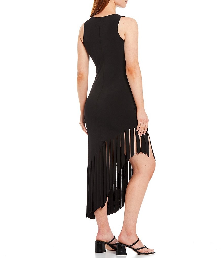 Eva Varro Double Layer Knit Jersey Asymmetric Fringe Hem Crew Neck Sleeveless Long Tank Dress