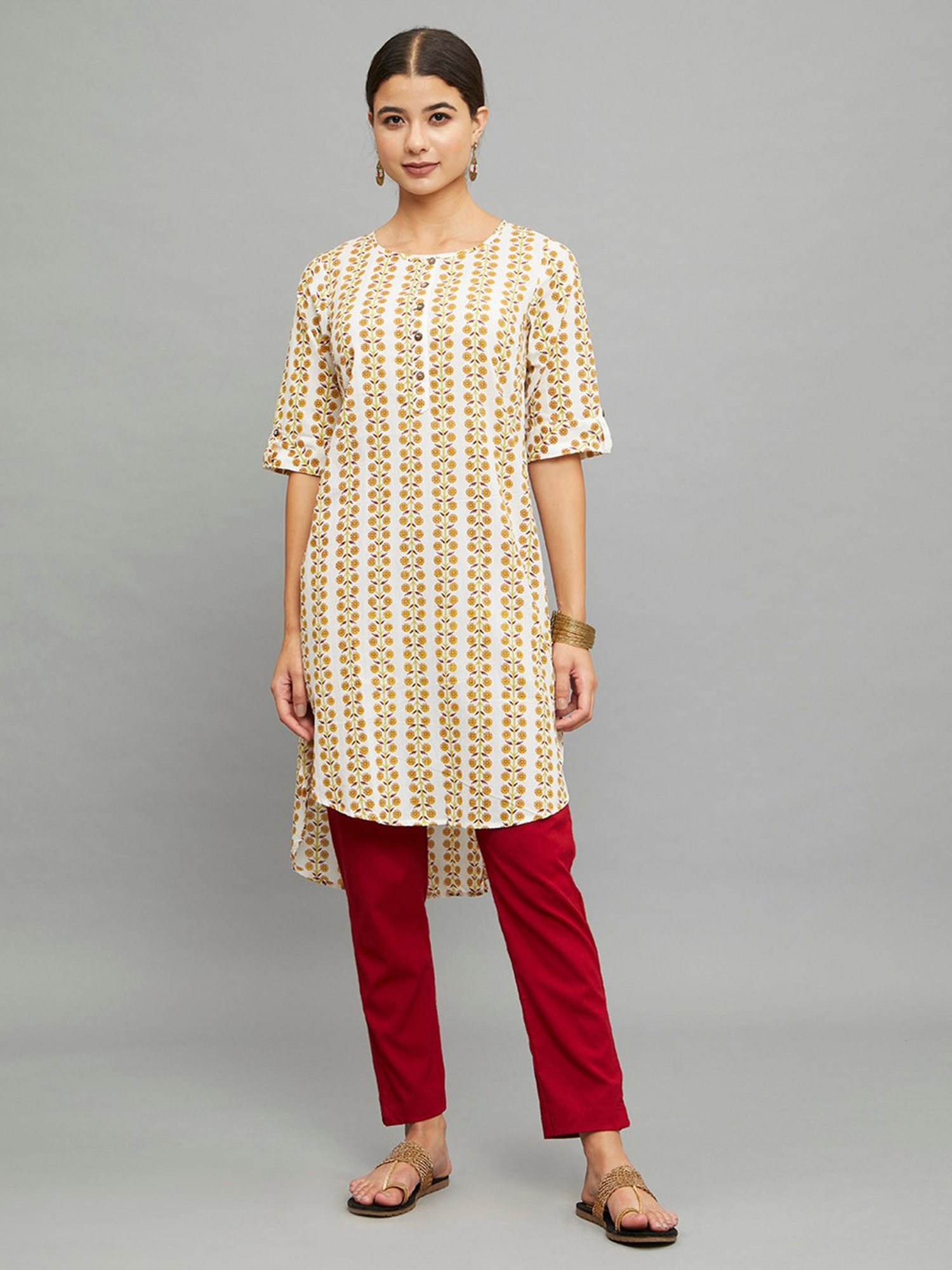 paislei Beige Printed High low Kurta