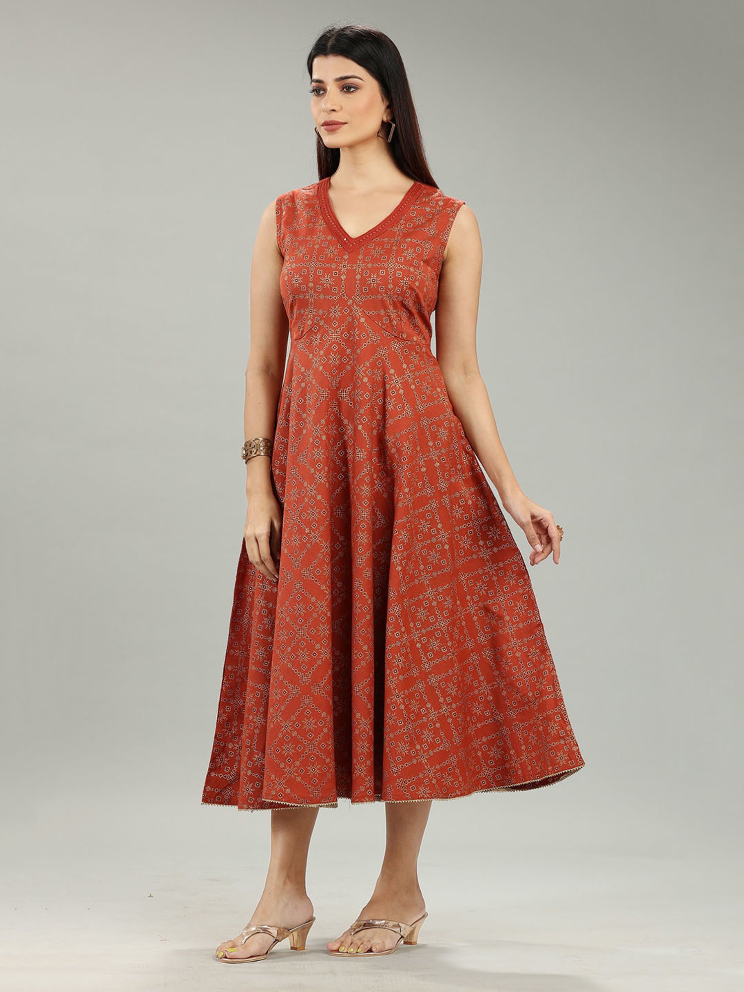 Cotton Culture Light Brown Printed Ethnic Dress