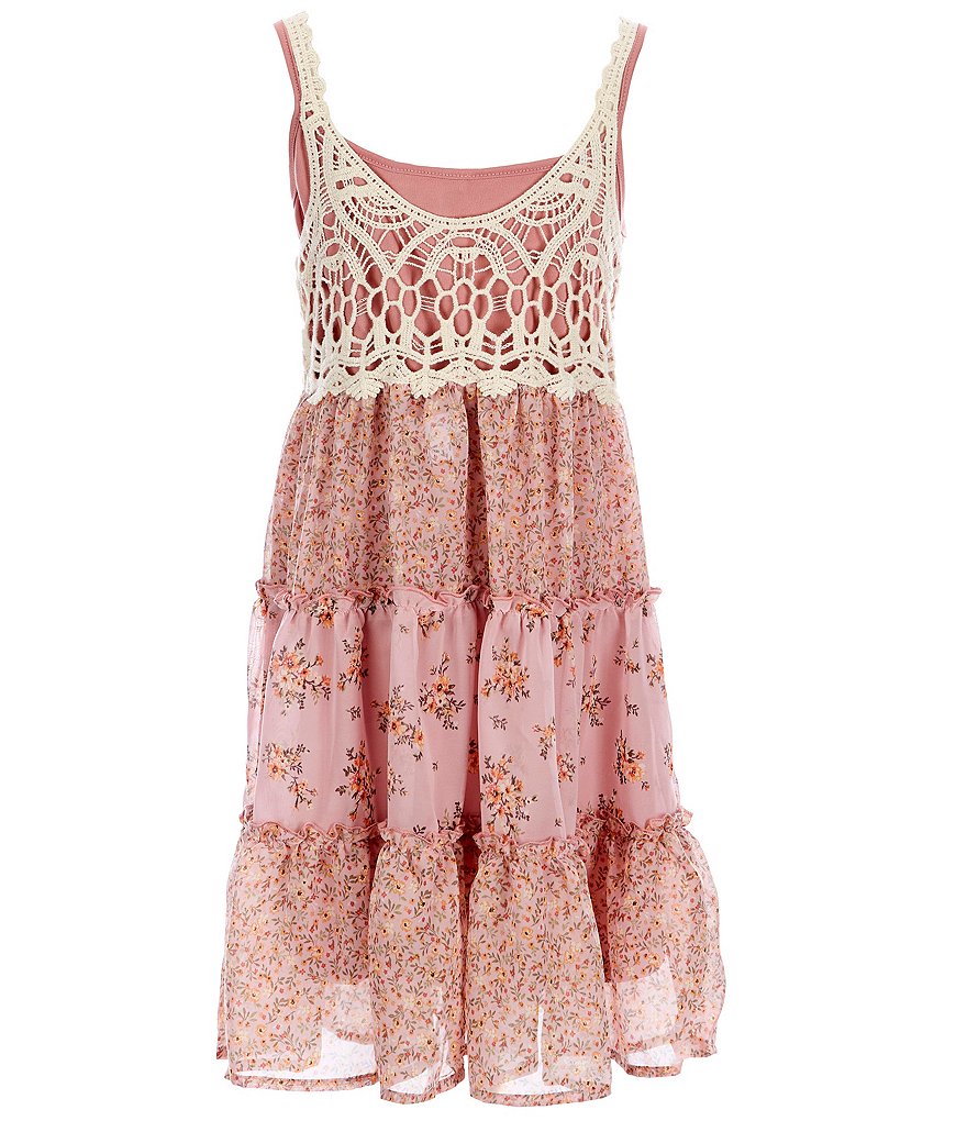 Beautees Big Girls 7-16 Crochet/Ditsy-Floral Chiffon Fit-And-Flare Dress