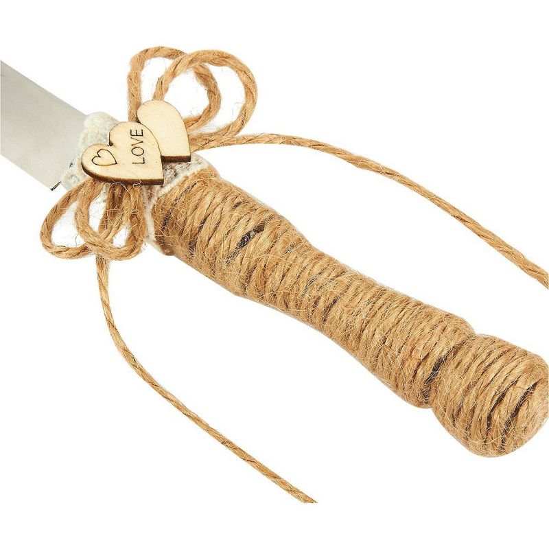 4-Piece Wedding Supplies Set: Cake Knife, Pie Server Set & 2 Toasting Champagne Glasses Flutes, Jute Decorated Handles for Rustic & Country Theme