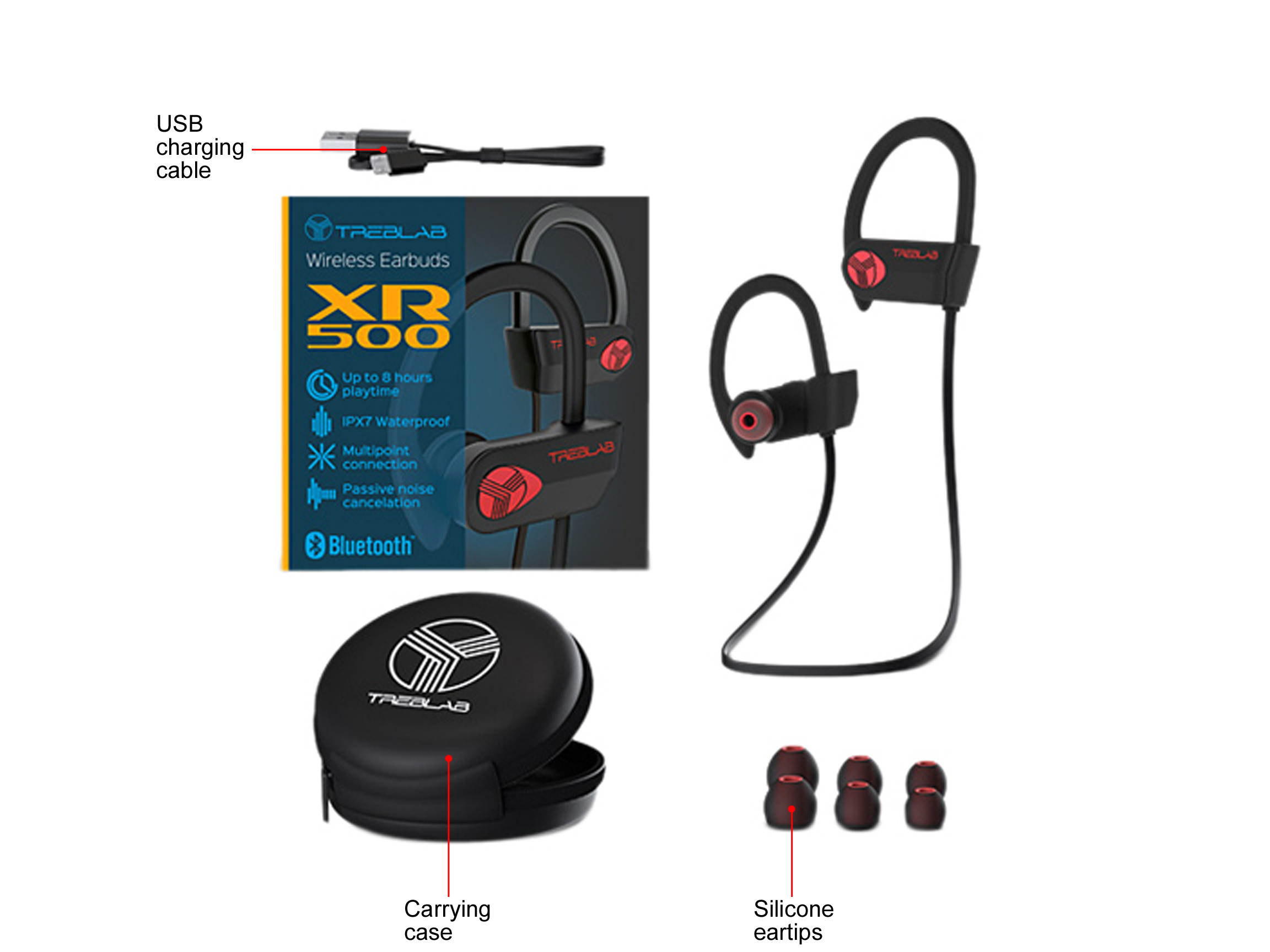 TREBLAB XR500 - Ultimate Cordless Bluetooth Running Headphones. Best Sport Wireless Earbuds for Gym. Noise Canceling Secure-Fit IPX7 Wireless Waterproof Headphones Mic. Workout Earphones 2019 Upgrade