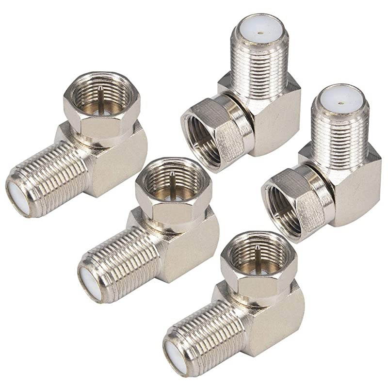 F Type Coaxial Cable 90 Degree Connector Male to Female Quick Connector Adapter for Tight Corners and Flat Panel TV Mounting Right Angle F Type Caoxial RG6 Adapter for Wall Plates 5 Pack