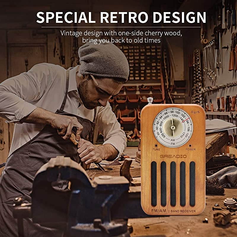 Portable Radio Pocket Retro Cherry Wood Radio with Headphone Jack Best Reception Battery Operated Personal Transistor by 2 AA Battery for Travelling Jogging and Walking